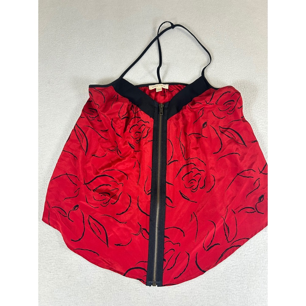 Silence + Noise Halter Top Womens XS Red Rose Print Silk Front Zip Goth Y2K